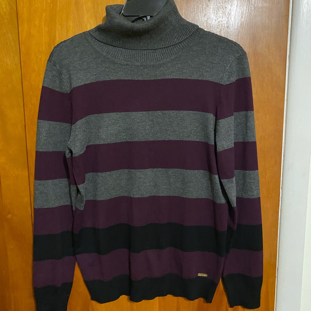 Calvin Klein Women’s Gray and Purple Striped Turtleneck Sweater, Cozy, Size (M)